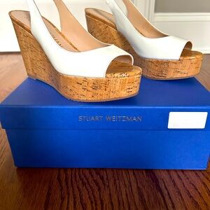 Stuart Weitzman New In Box White Patent Leather cork heel platform sandal.